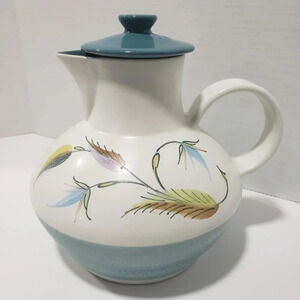 VTG Denby Stoneware Pitcher with  Lid Spring Leaf Design Teal/White.